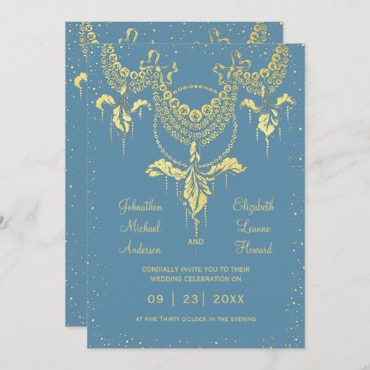 Faire-part de mariage bleu élégant de guirlande (Devant / Derrière)