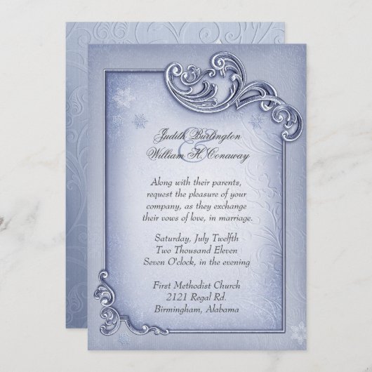 Faire-part de mariage bleu élégant d'hiver (Devant / Derrière)