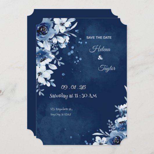 Faire-part de mariage bleu élégant "Save the Date" (Devant / Derrière)