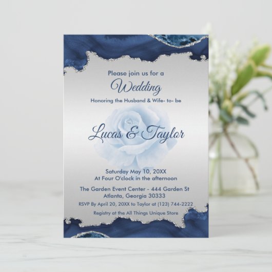 Faire-part de mariage bleu et argent (Debout devant)