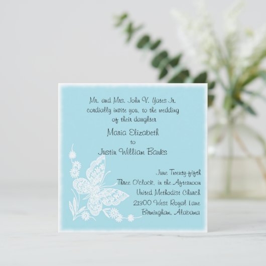 Faire-part de mariage bleu et blanc de carré de (Debout devant)