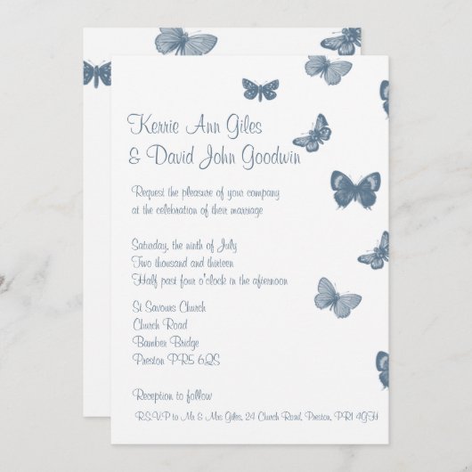 Faire-part de mariage bleu et blanc de papillon (Devant / Derrière)