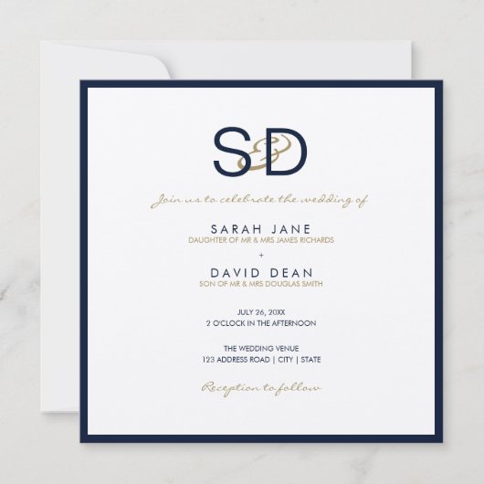 Faire-part de mariage bleu et blanc LUXE Monogramm (Devant)
