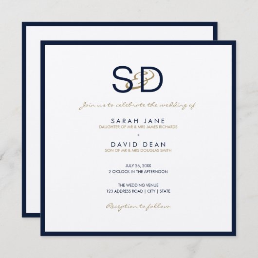 Faire-part de mariage bleu et blanc LUXE Monogramm (Devant / Derrière)