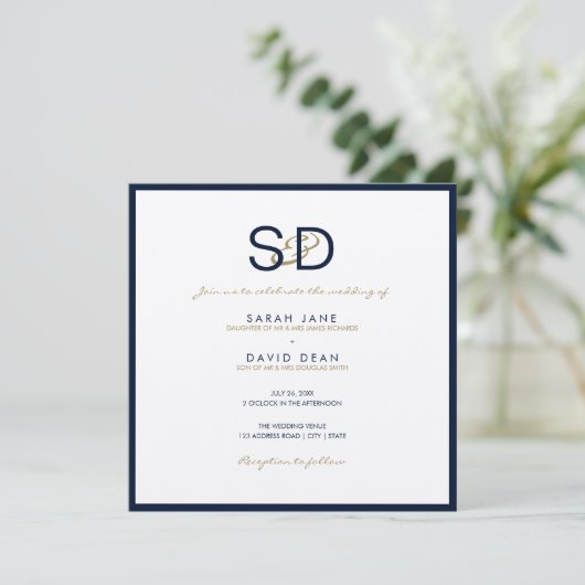 Faire-part de mariage bleu et blanc LUXE Monogramm (Debout devant)