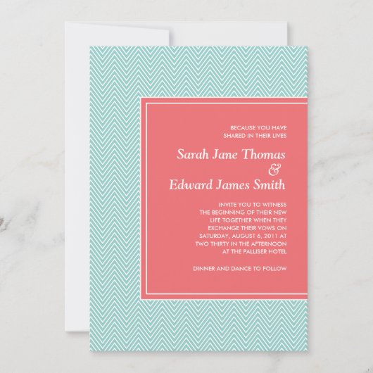 Faire-part de mariage bleu et de corail de Chevron (Devant)