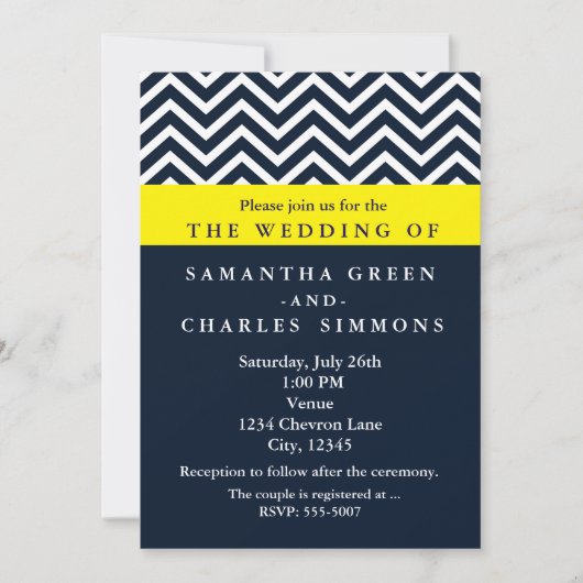 Faire-part de mariage bleu et jaune Chevron modern (Devant)