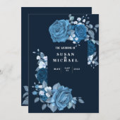 Faire-part de mariage bleu fleuri élégant (Devant / Derrière)