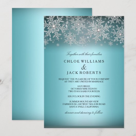 Faire-part de mariage bleu flocon de cristal neige (Devant / Derrière)