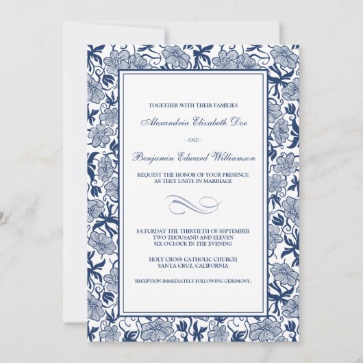 Faire-part de mariage bleu Floral (Devant)