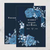 Faire-part de mariage bleu floral élégant (Devant / Derrière)