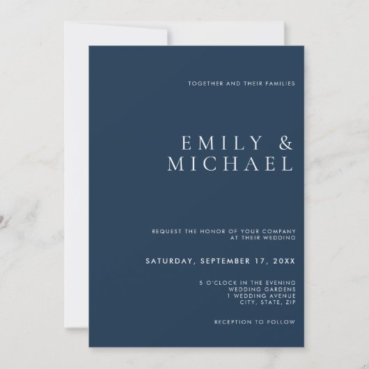Faire-part de mariage bleu marine classique simple (Devant)
