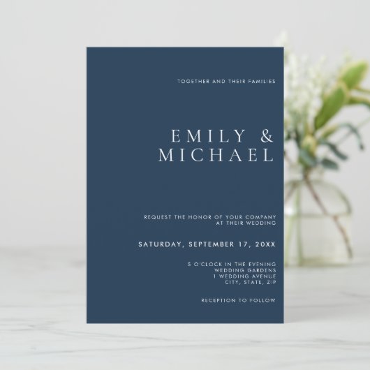 Faire-part de mariage bleu marine classique simple (Debout devant)