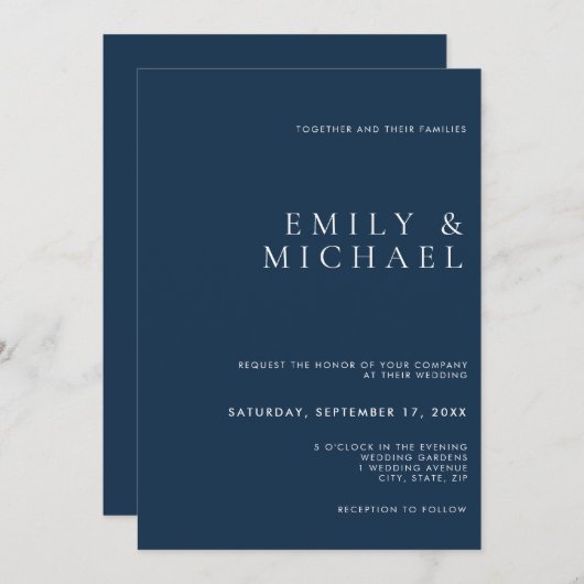Faire-part de mariage bleu marine classique simple (Devant / Derrière)