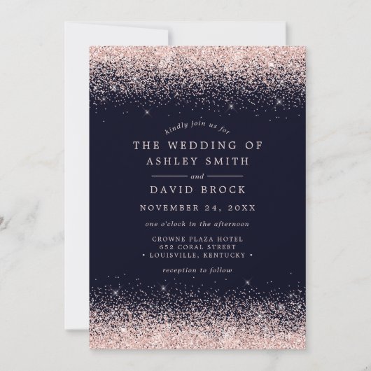 Faire-part de mariage bleu marine de Confetti rose (Devant)