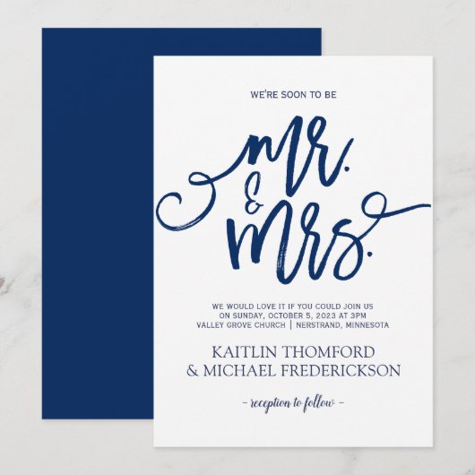 Faire-part de mariage bleu marine - Écriture manus (Devant / Derrière)