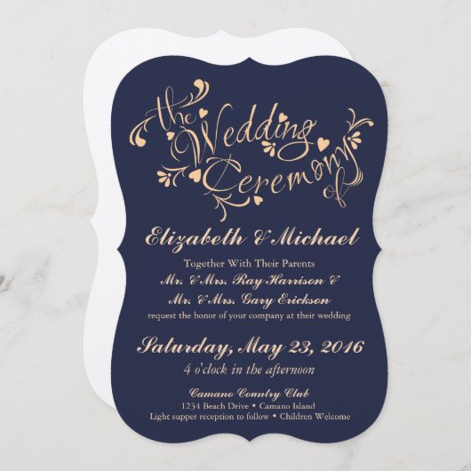 Faire-part de mariage bleu marine et pêche (Devant / Derrière)