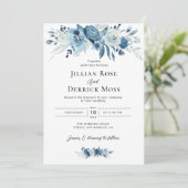 faire-part de mariage bleu marine fleurs d'aquarel (Debout devant)