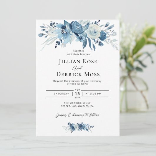 faire-part de mariage bleu marine fleurs d'aquarel (Debout devant)
