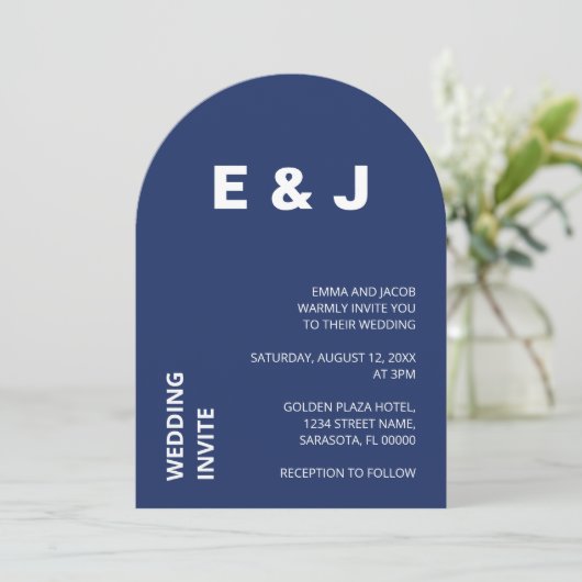 Faire-part de mariage bleu marine moderne (Debout devant)