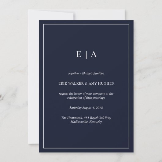 Faire-part de mariage bleu marine monogramme minim (Devant)