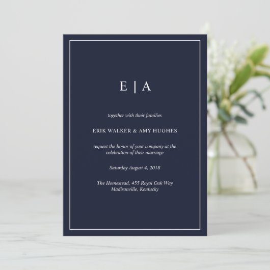 Faire-part de mariage bleu marine monogramme minim (Debout devant)