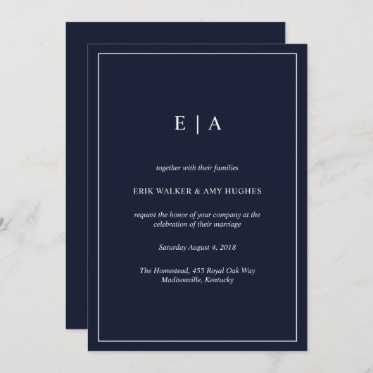 Faire-part de mariage bleu marine monogramme minim (Devant / Derrière)