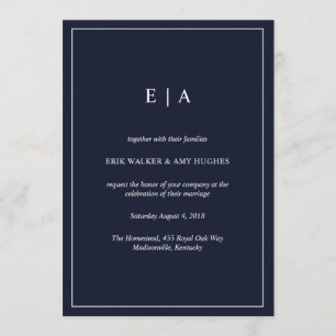 faire-part de mariage bleu marine monogramme minim