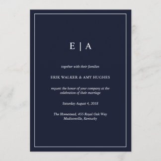 Faire-part de mariage bleu marine monogramme minim
