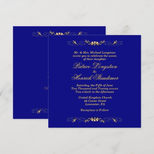Faire-part de mariage bleu marine simple et or (Devant / Derrière)