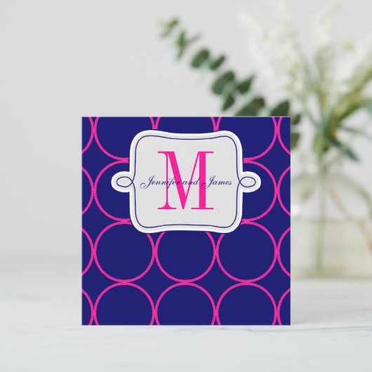 Faire-part de mariage bleu moderne Fuchsia Navy #2 (Debout devant)