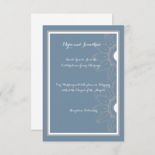 Faire-part de mariage, bleu moyen avec fleurs (Devant / Derrière)