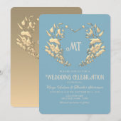 Faire-part de mariage bleu or Monogramme Baroque (Devant / Derrière)