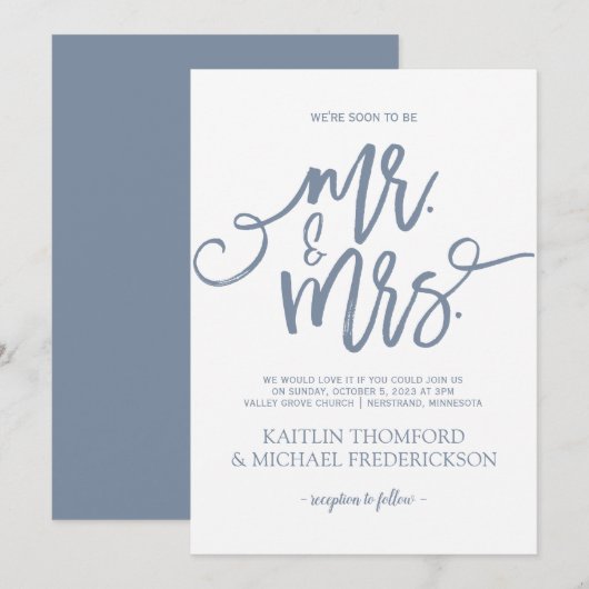 Faire-part de mariage bleu poussiéreux | Écriture (Devant / Derrière)