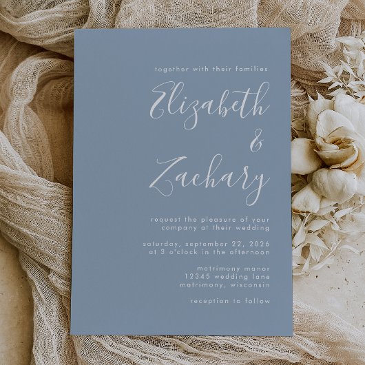 Faire-part de mariage bleu poussiéreux écriture mo