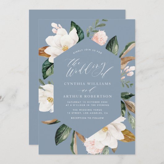 faire-part de mariage bleu poussiéreux magnolia (Devant / Derrière)