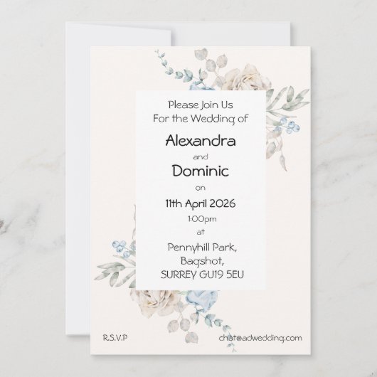Faire-part de mariage - bleu rose roses (Devant)