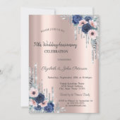 Faire-Part de Mariage Bleu Roses Paillettes Rose G (Devant)