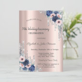 Faire-Part de Mariage Bleu Roses Paillettes Rose G (Debout devant)