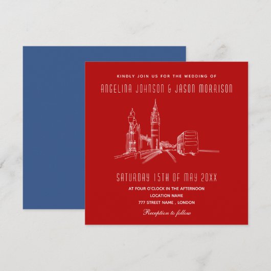 Faire-part de mariage bleu rouge Londres (Devant / Derrière)