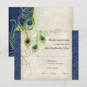 Faire-part de mariage bleu royal à plumes de paon (Devant / Derrière)