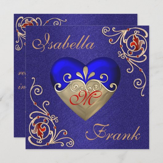 Faire-part de mariage BLEU ROYAL au coeur magnifiq (Devant / Derrière)