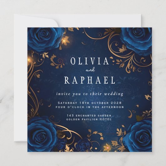 Faire-part de mariage bleu royal et or (Devant)