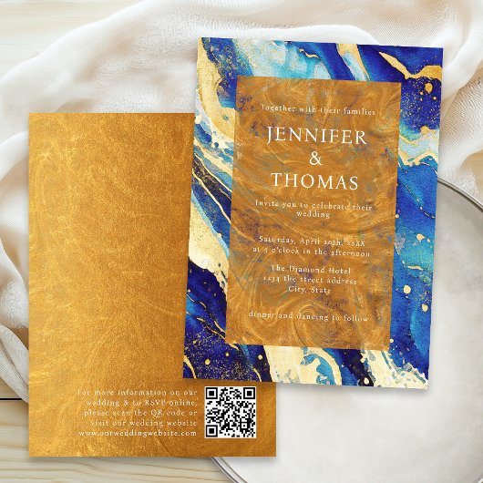Faire-part de mariage bleu royal or avec code QR