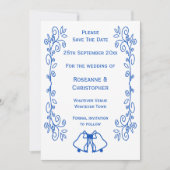 Faire-part de mariage bleu saphir cloches (Devant)