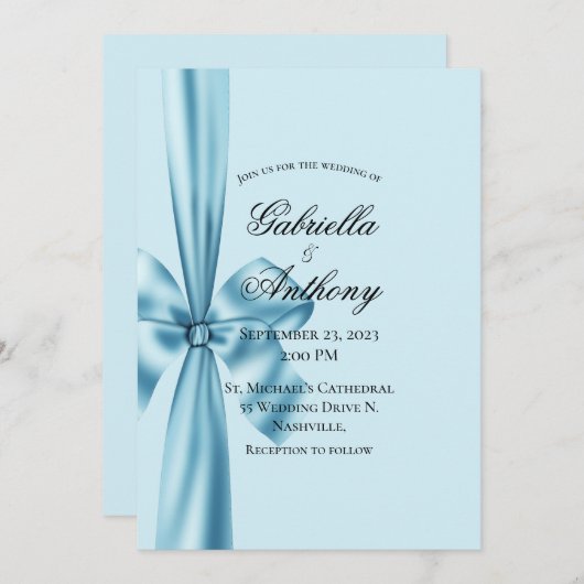 Faire-part de mariage Bleu Satin Ribbon (Devant / Derrière)