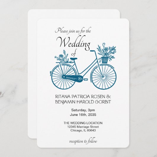 Faire-part de mariage Bleu Simple Vélo (Devant / Derrière)