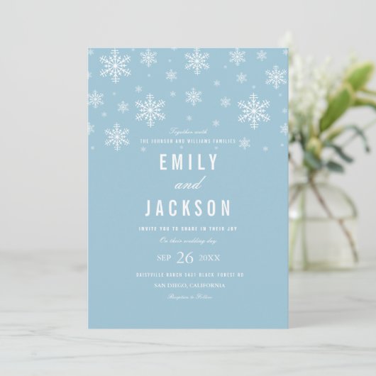 Faire-part de mariage bleu Snowflake moderne (Debout devant)