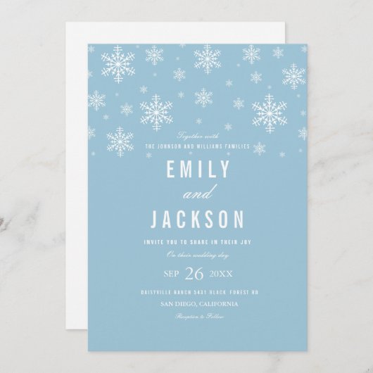 Faire-part de mariage bleu Snowflake moderne (Devant / Derrière)