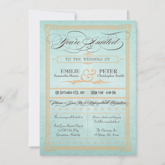 Faire-part de mariage bleu style poster vintage (Devant)